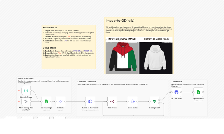 Generate 3D models from images using Hunyuan3D v2 and Google Sheets