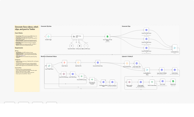 Generate Sora v2 ASMR clips with GPT-5.1, stitch via Cloudinary, and post to Twitter/X