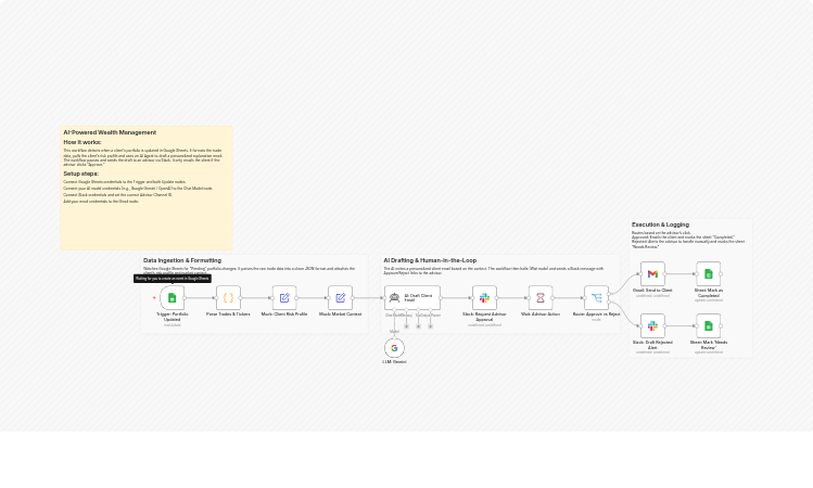 Draft and approve client portfolio emails with Gemini, Sheets, Slack and Gmail