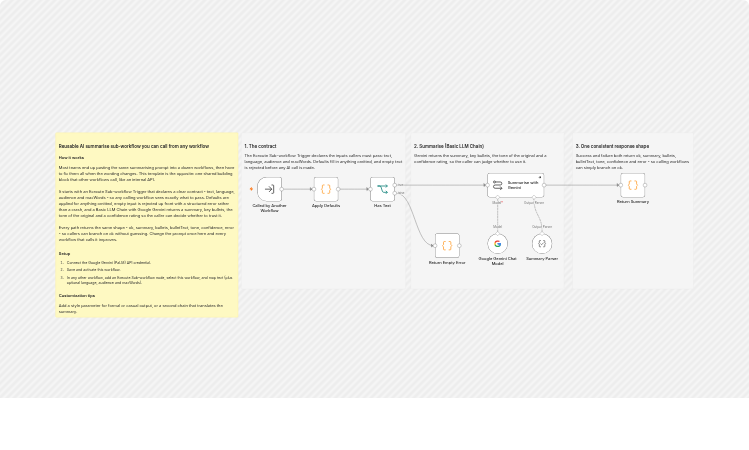 Summarise reusable text blocks with Google Gemini from any workflow
